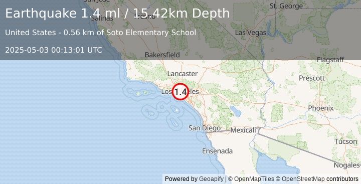 Earthquake 4 km SE of Los Angeles, CA (1.4 ml) (2025-05-03 00:13:01 UTC)