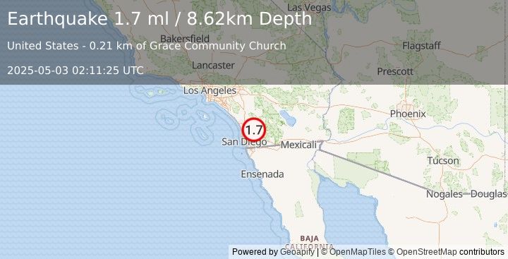 Earthquake 1 km SSE of Ramona, CA (1.7 ml) (2025-05-03 02:11:25 UTC)