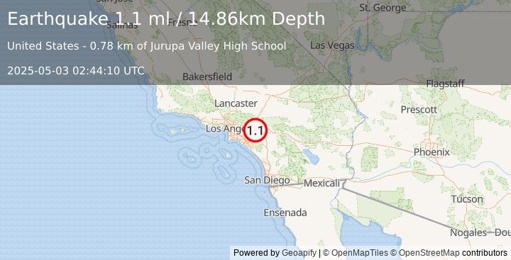 Earthquake 2 km NNW of Mira Loma, CA (1.1 ml) (2025-05-03 02:44:10 UTC)