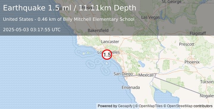 Earthquake 2 km SSW of Hawthorne, CA (1.5 ml) (2025-05-03 03:17:55 UTC)