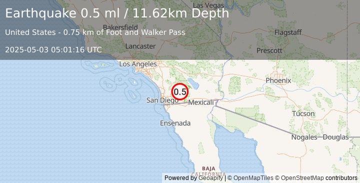 Earthquake 20 km ESE of Julian, CA (0.5 ml) (2025-05-03 05:01:16 UTC)