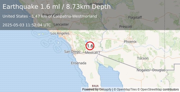 Earthquake 8 km W of Calipatria, CA (1.6 ml) (2025-05-03 11:52:04 UTC)