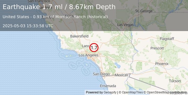 Earthquake 5 km SE of Lake Los Angeles, CA (1.7 ml) (2025-05-03 15:33:58 UTC)