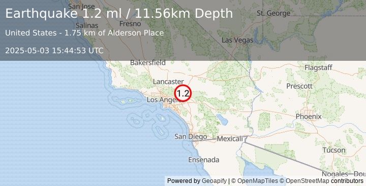 Earthquake 3 km N of Lytle Creek, CA (1.2 ml) (2025-05-03 15:44:53 UTC)