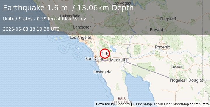 Earthquake 19 km ESE of Julian, CA (1.6 ml) (2025-05-03 18:19:38 UTC)