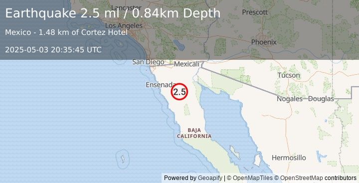 Earthquake 75 km E of Maneadero, B.C., MX (2.5 ml) (2025-05-03 20:35:45 UTC)