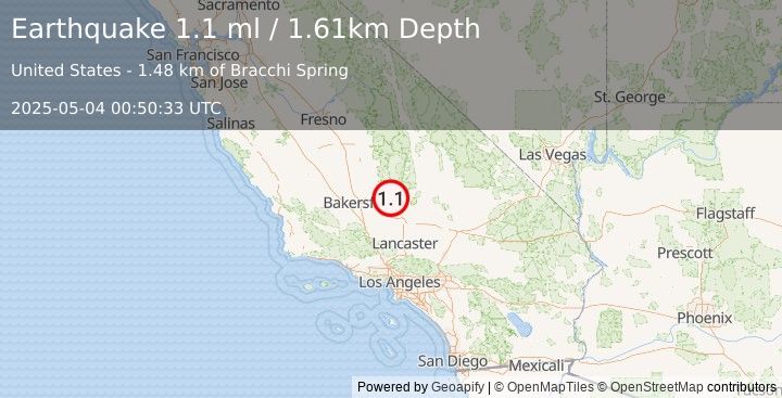 Earthquake 19 km SSE of Bodfish, CA (1.1 ml) (2025-05-04 00:50:33 UTC)