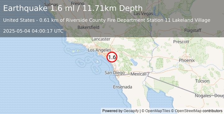 Earthquake 1 km WSW of Lakeland Village, CA (1.6 ml) (2025-05-04 04:00:17 UTC)
