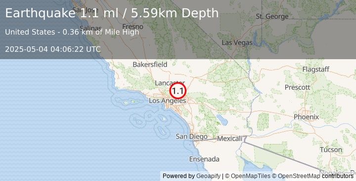 Earthquake 9 km S of Llano, CA (1.1 ml) (2025-05-04 04:06:22 UTC)