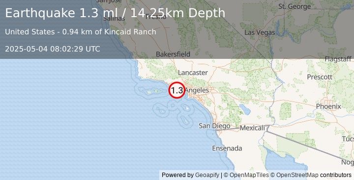 Earthquake 6 km NNW of Malibu, CA (1.3 ml) (2025-05-04 08:02:29 UTC)