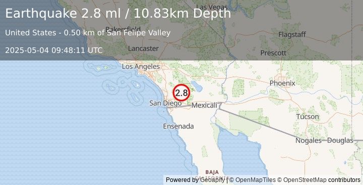Earthquake 13 km E of Julian, CA (2.8 ml) (2025-05-04 09:48:11 UTC)