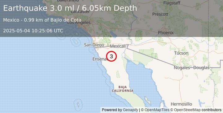 Earthquake 67 km ENE of Ensenada, B.C., MX (3.0 ml) (2025-05-04 10:25:06 UTC)