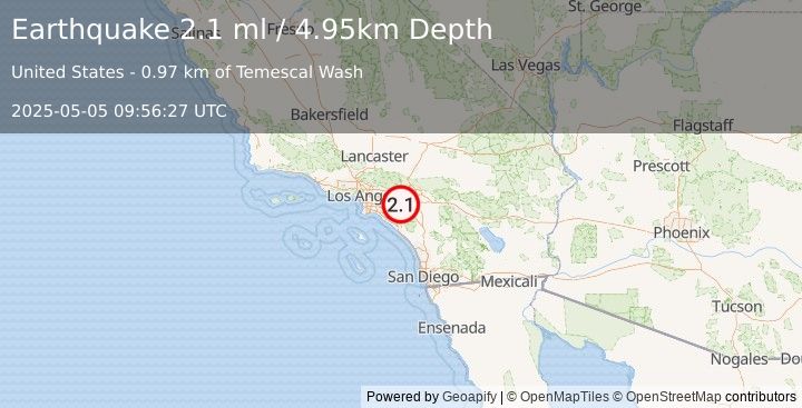 Earthquake 6 km WSW of Norco, CA (2.1 ml) (2025-05-05 09:56:27 UTC)