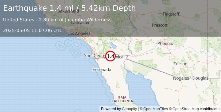 Earthquake 5 km S of Ocotillo, CA (1.4 ml) (2025-05-05 11:07:07 UTC)