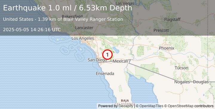 Earthquake 17 km ESE of Julian, CA (1.0 ml) (2025-05-05 14:26:16 UTC)