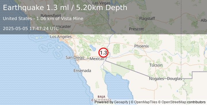 Earthquake 44 km NNW of Los Algodones, B.C., MX (1.3 ml) (2025-05-05 17:47:24 UTC)