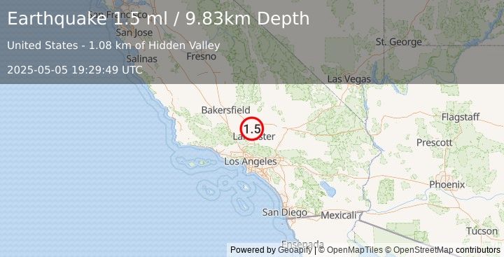 Earthquake 4 km NW of Rosamond, CA (1.5 ml) (2025-05-05 19:29:49 UTC)