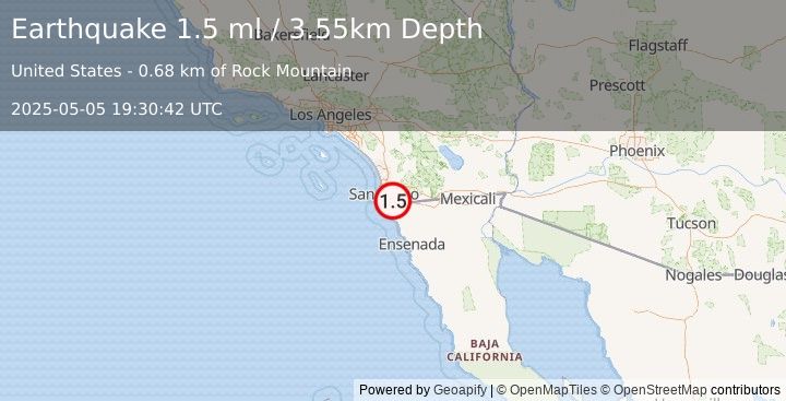 Earthquake 7 km ESE of Chula Vista, CA (1.5 ml) (2025-05-05 19:30:42 UTC)