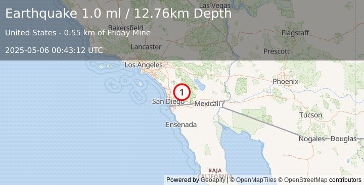 Earthquake 5 km SSE of Julian, CA (1.0 ml) (2025-05-06 00:43:12 UTC)