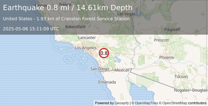 Earthquake 6 km ESE of Valle Vista, CA (0.8 ml) (2025-05-06 15:11:09 UTC)
