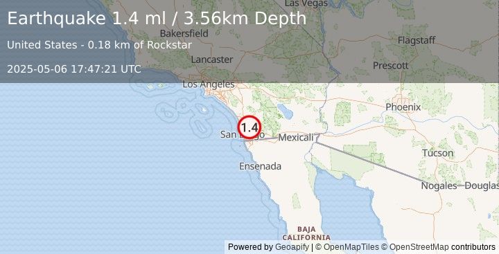Earthquake 6 km NNW of Lakeside, CA (1.4 ml) (2025-05-06 17:47:21 UTC)
