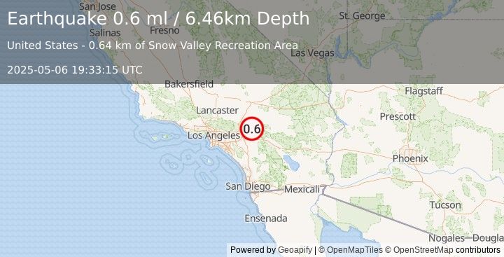 Earthquake 6 km ENE of Running Springs, CA (0.6 ml) (2025-05-06 19:33:15 UTC)