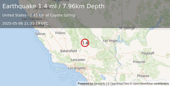 Earthquake 24 km NNW of Searles Valley, CA (1.4 ml) (2025-05-06 21:31:19 UTC)