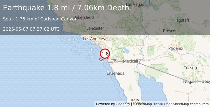 Earthquake 7 km SW of Carlsbad, CA (1.8 ml) (2025-05-07 07:37:02 UTC)