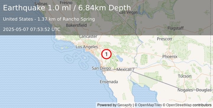 Earthquake 5 km ESE of Valle Vista, CA (0.8 ml) (2025-05-07 07:53:50 UTC)