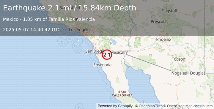 Earthquake 23 km ESE of Campo, CA (2.1 ml) (2025-05-07 14:40:42 UTC)