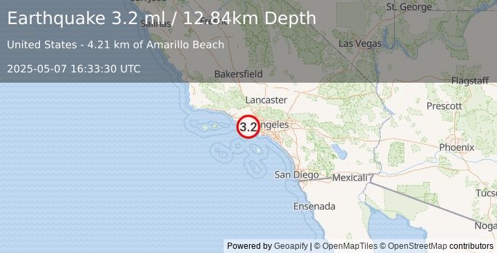 Earthquake 5 km SSW of Malibu Beach, CA (3.2 ml) (2025-05-07 16:33:30 UTC)