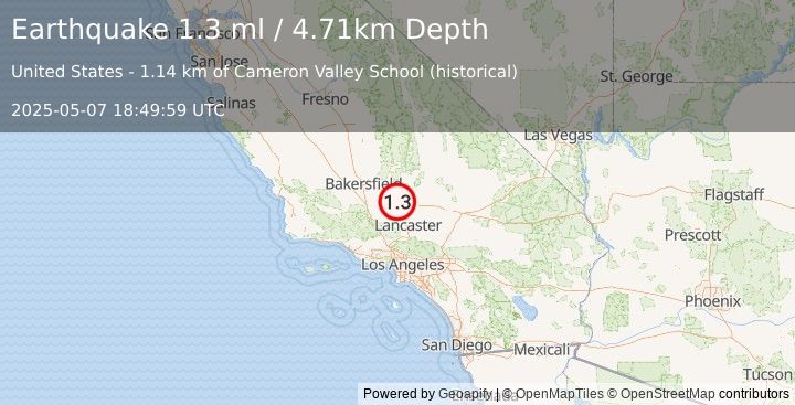 Earthquake 14 km SE of Tehachapi, CA (1.2 ml) (2025-05-07 18:49:58 UTC)