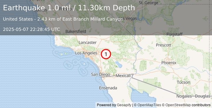 Earthquake 8 km NNE of Cabazon, CA (1.0 ml) (2025-05-07 22:28:45 UTC)