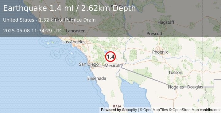 Earthquake 11 km WNW of Calipatria, CA (1.4 ml) (2025-05-08 11:34:29 UTC)