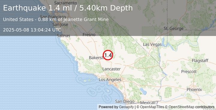 Earthquake 12 km SE of Bodfish, CA (1.4 ml) (2025-05-08 13:04:24 UTC)