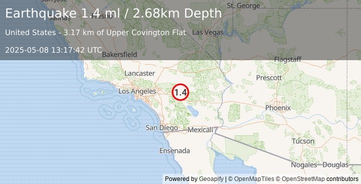 Earthquake 14 km SE of Yucca Valley, CA (1.4 ml) (2025-05-08 13:17:42 UTC)