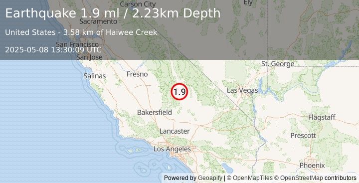 Earthquake 8 km NNE of Coso Junction, CA (1.9 ml) (2025-05-08 13:30:09 UTC)