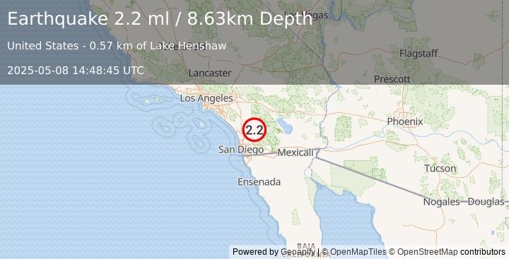 Earthquake 2 km SE of Lake Henshaw, CA (2.2 ml) (2025-05-08 14:48:45 UTC)