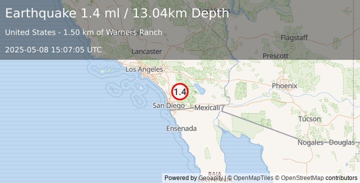 Earthquake 7 km SSW of Warner Springs, CA (1.4 ml) (2025-05-08 15:07:05 UTC)
