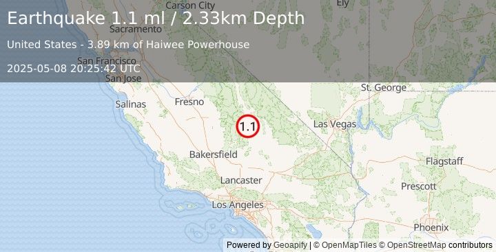 Earthquake 8 km NNE of Coso Junction, CA (0.9 ml) (2025-05-08 20:25:41 UTC)