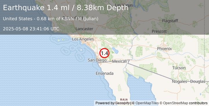 Earthquake 9 km N of Julian, CA (1.4 ml) (2025-05-08 23:41:06 UTC)