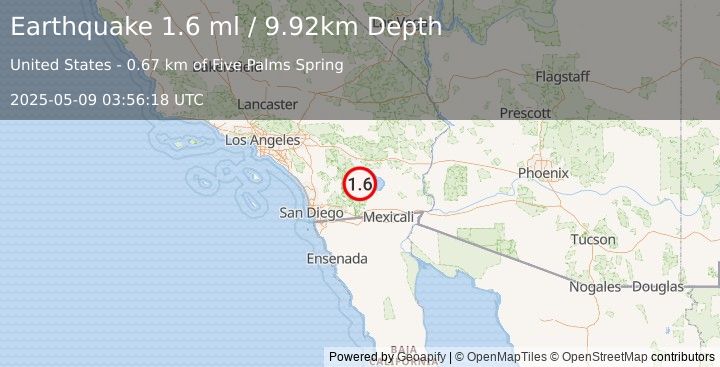 Earthquake 12 km NNE of Ocotillo Wells, CA (1.6 ml) (2025-05-09 03:56:18 UTC)