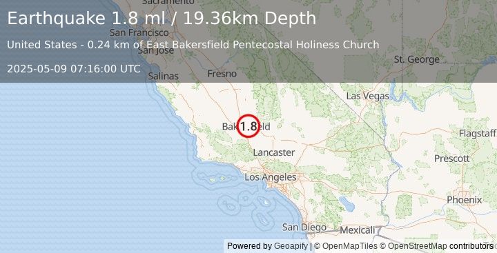 Earthquake 8 km E of Bakersfield, CA (1.8 ml) (2025-05-09 07:16:00 UTC)