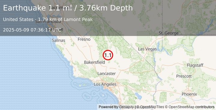 Earthquake 19 km SW of Little Lake, CA (1.1 ml) (2025-05-09 07:36:17 UTC)
