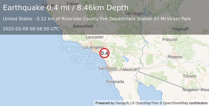 Earthquake 7 km WNW of Lake Elsinore, CA (0.4 ml) (2025-05-09 08:58:50 UTC)