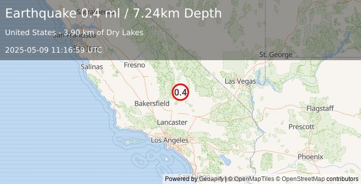 Earthquake 15 km NNE of Inyokern, CA (0.4 ml) (2025-05-09 11:16:59 UTC)