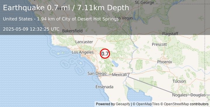 Earthquake 6 km W of Desert Hot Springs, CA (0.7 ml) (2025-05-09 12:32:25 UTC)