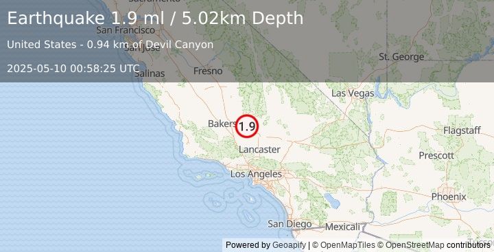 Earthquake 21 km NNW of Tehachapi, CA (1.9 ml) (2025-05-10 00:58:25 UTC)