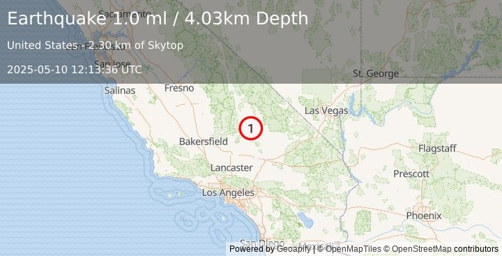 Earthquake 12 km WSW of Searles Valley, CA (1.0 ml) (2025-05-10 12:13:36 UTC)