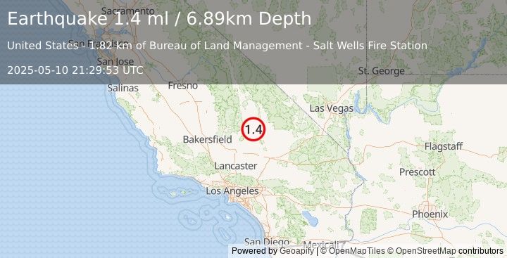 Earthquake 9 km E of Ridgecrest, CA (1.4 ml) (2025-05-10 21:29:53 UTC)